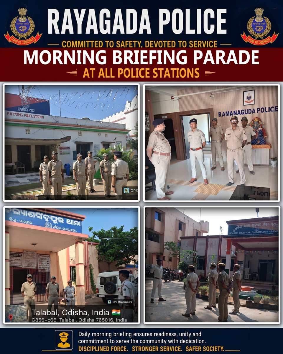 sprayagada's tweet photo. MORNING BRIEFING PARADE | RAYAGADA POLICE  A disciplined start to the day builds a stronger force. Daily morning briefing ensures readiness, unity and commitment to serve the community with dedication. #RayagadaPolice #MorningBriefing #PoliceParade #committedtosafety #DevotedToService #OdishaPolice #saferrayagada
@sprayagada @DGPOdisha @digswrkoraput @DM_Rayagada @odisha_police