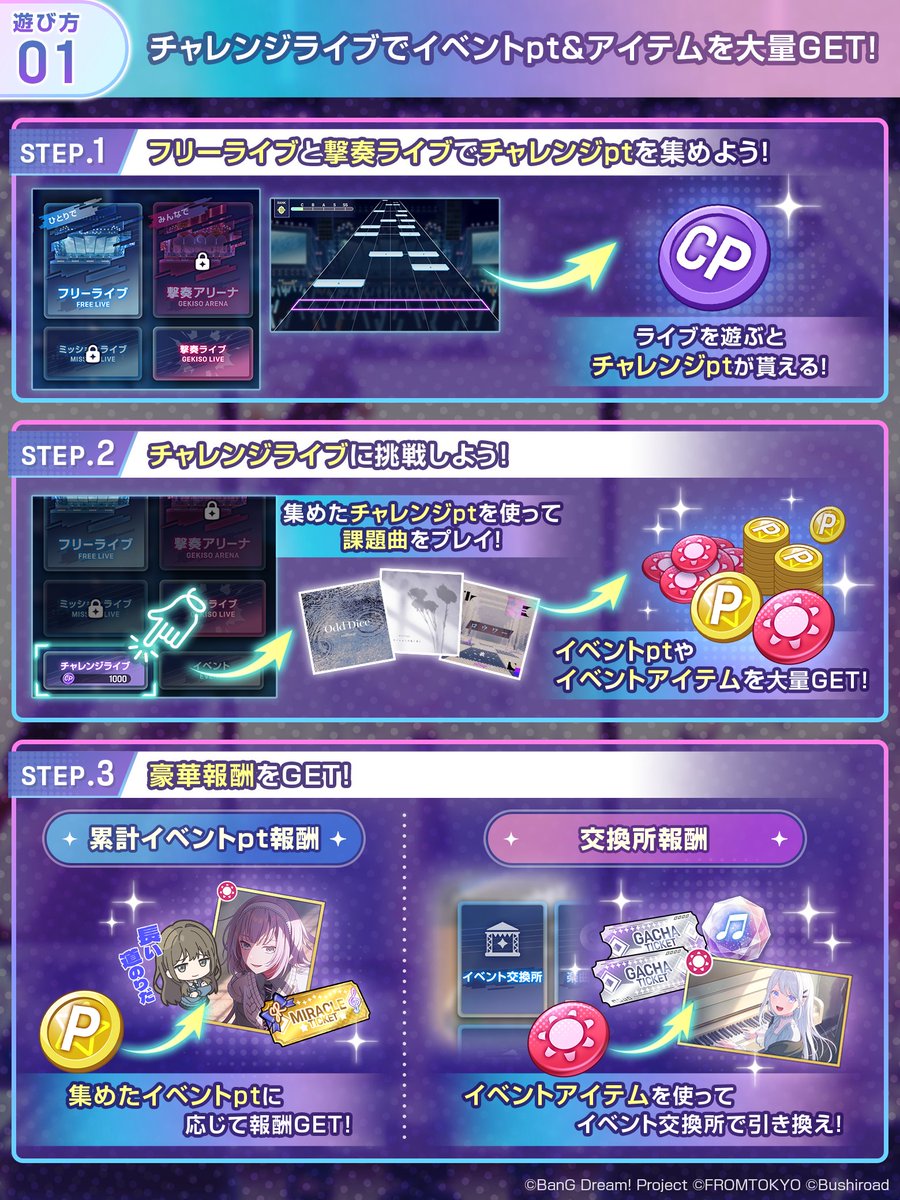 bang_dream_on's tweet photo. チャレンジライブイベントの遊び方を紹介✨

詳細は画像をチェック！
自分のペースに合わせてイベントをお楽しみください💫

#バンドリ #アワーノーツ https://t.co/NQ9j2n4L86