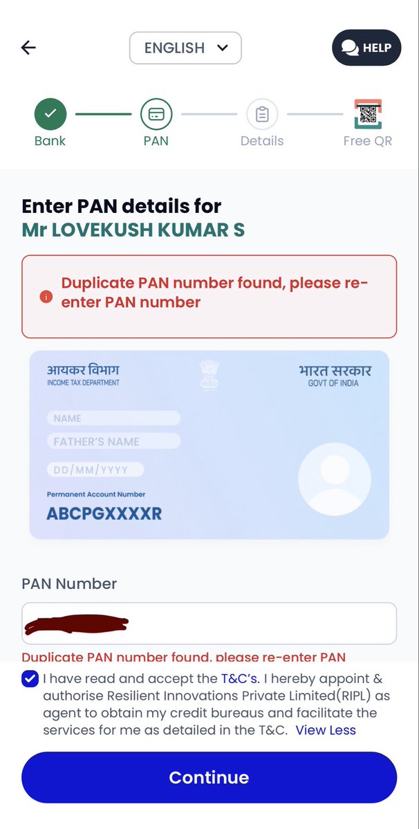 PresidentAgi's tweet photo. Dear @bharatpeindia,
I am trying to register on business account but error is “Duplicate Pan Found”. Please resolve the issue. https://t.co/0DMAGMnYb7