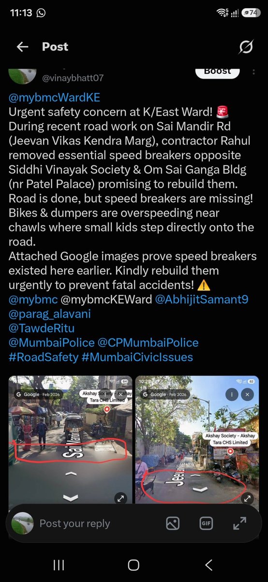 vinaybhatt07's tweet photo. @mybmc 
"It’s been more than a month since the complaint was registered, but still no speed breaker. When will K/E Ward install it? Will action be taken only after someone loses their life?" @TawdeRitu @AshwiniBhide @mybmcWardKE https://t.co/ZlWk5p5Qp8