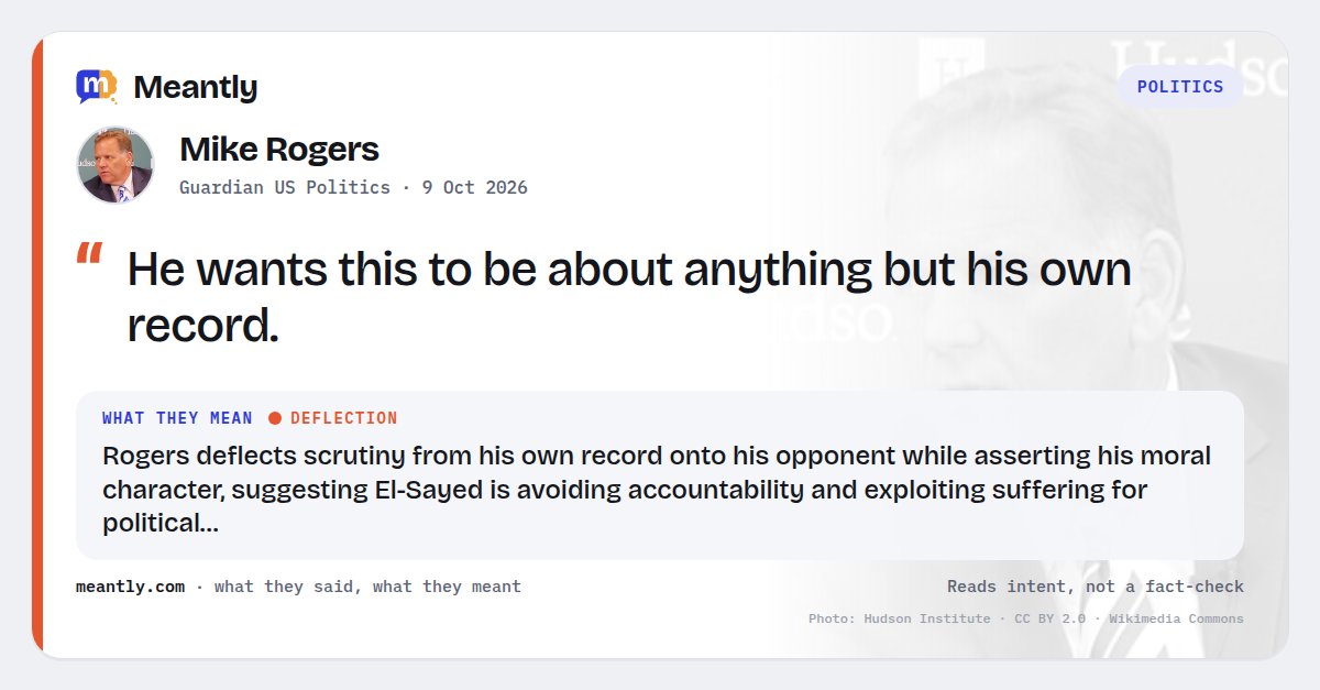Meantlyhq's tweet photo. 🔥 Mike Rogers: “He wants this to be about anything but his own record.”

Rogers deflects scrutiny from his own record onto his opponent while asserting his moral character, suggesting El-Sayed is avoiding accountability and exploiting…

#MikeRogers #Elections #Politics https://t.co/eXf4QUgYjr