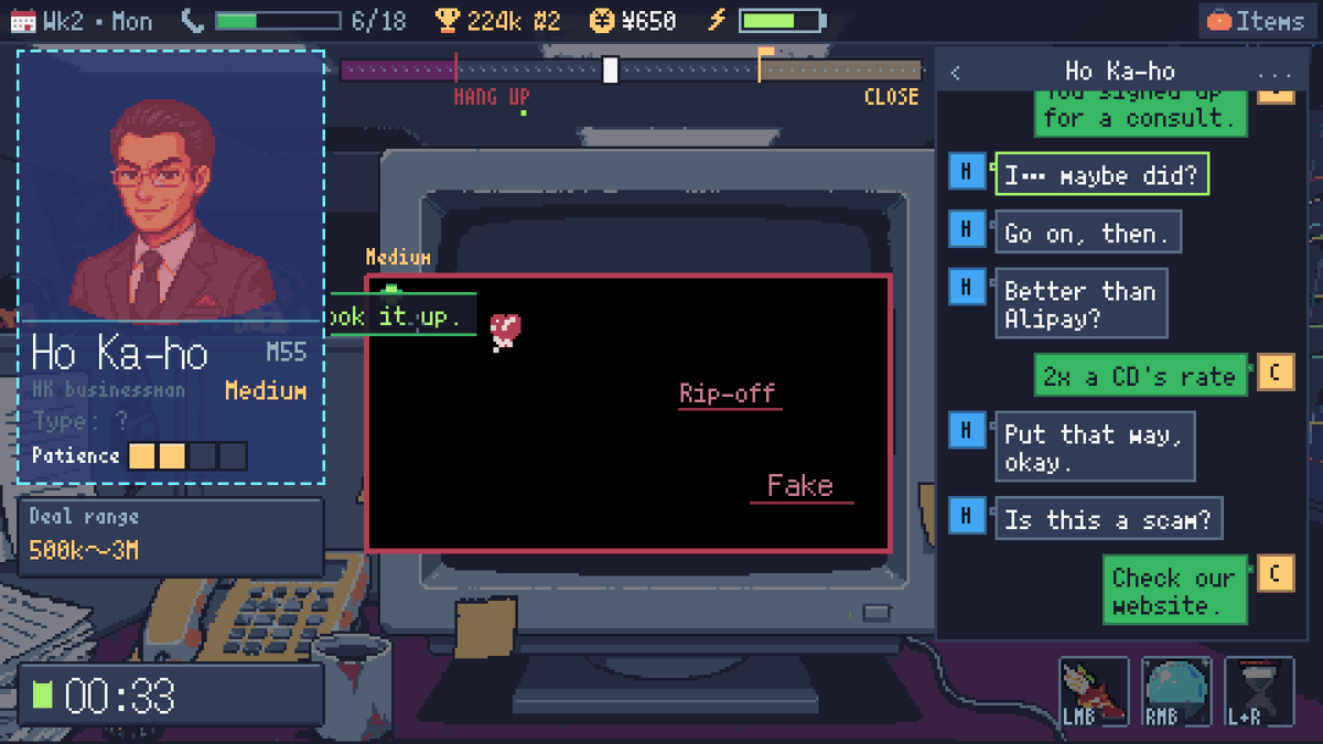 MingoMakeGames's tweet photo. Live the life of a telemarketer.

Cold-call strangers, sell them wealth products, dodge every line they throw at you, and make rent by payday.

ColdCall: Sales Champion is now on Steam. Demo in November.
https://t.co/VBc7pHN315

#indiegame #pixelart https://t.co/0LG5YxV6zi