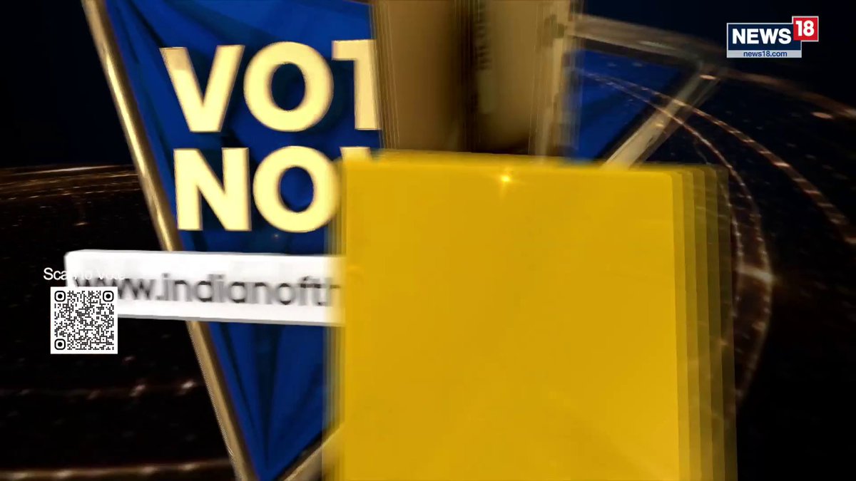 A News18 broadcast graphic features a large "VOTE NOW" banner with a QR code scanning link to www.indianofit... (the URL is partially obscured by a yellow overlay), set against a blue and gold animated background. The image does not visually relate to the post's content about an Assam student found dead near tracks in Andhra Pradesh, appearing instead to be a generic news channel promotional graphic unrelated to the breaking news story.