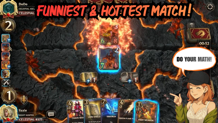 A screenshot from a card game titled 'FUNNIEST & HOTTEST MATCH!' showing a fiery battle scene between a 'DoDo' player and a 'lizzie' player, with an anime-style girl character saying 'DO YOUR MATH!'