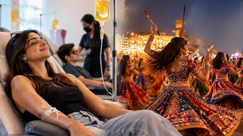 ndtv's tweet photo. Why Ahmedabad's Gen Z Is Paying Up To Rs 15,000 For IV Drips Ahead Of Navratri https://t.co/2U8XYJLAy6 https://t.co/c7XiXlU04M