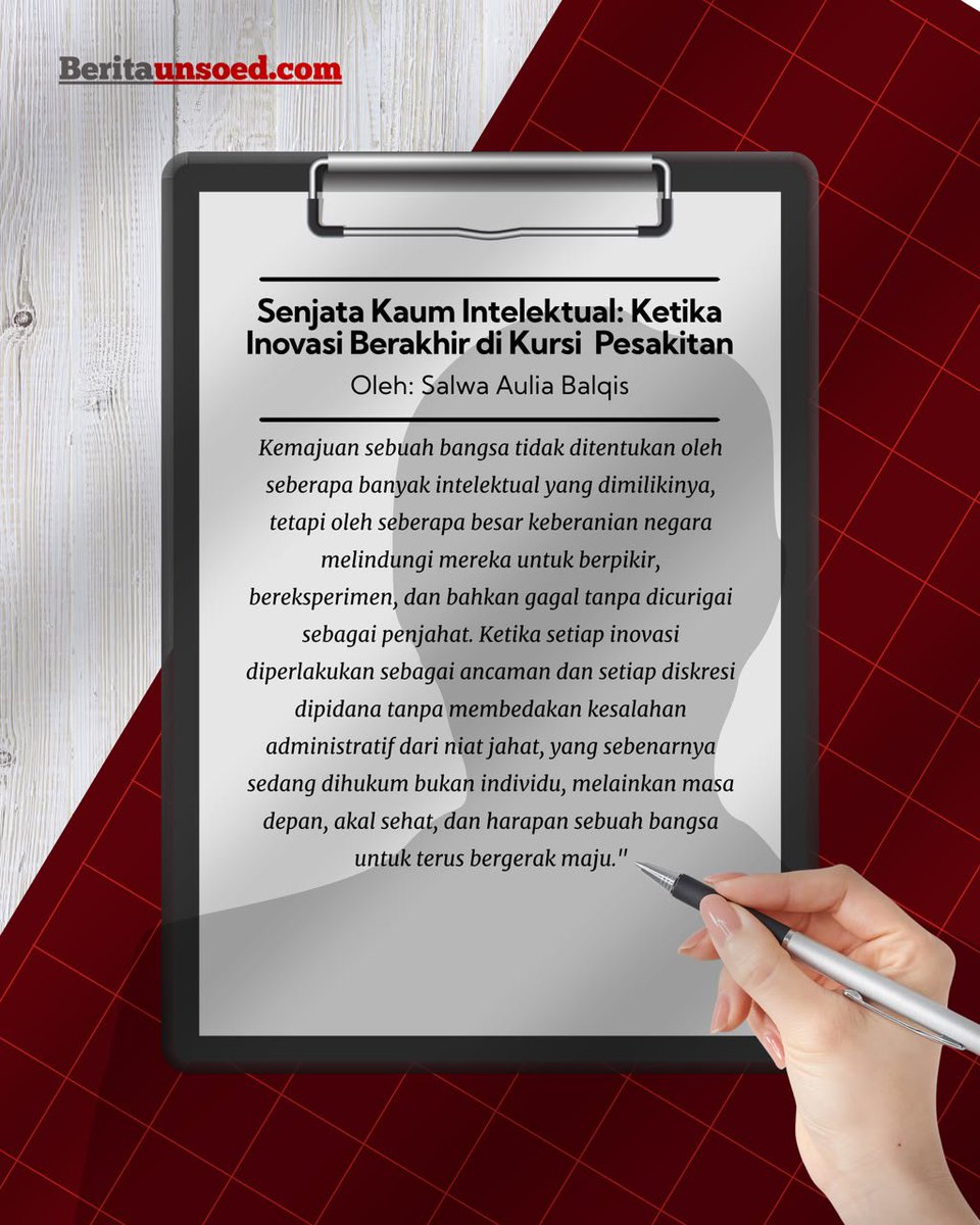 LPMSketsa's tweet photo. Rentetan kasus hukum yang menimpa para pemikir birokrasi menjadi alarm bahwa kita sedang menjauh dari kemajuan. Tanpa pemisahan tegas antara kesalahan administrasi dan korupsi, kita hanya akan melahirkan budaya patuh tanpa berpikir.

Baca selengkapnya di https://t.co/hpazZdo513 https://t.co/PkAcY1w9aU