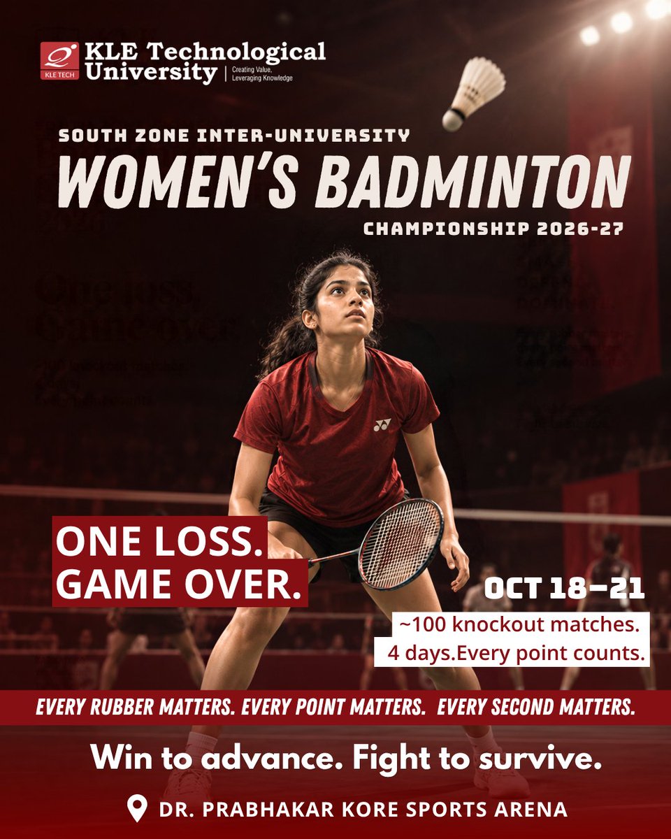 KLETechbvb's tweet photo. IT’S ALMOST TIME. 
4 Days | 100+ Universities | 1 Champion
🔹Oct 17: Registration  
🔹 Oct 18–20: Knockouts  
🔹 Oct 21: Finals &amp; Crowning   
Let the battle begin at KLE Tech!
📍Dr. Prabhakar Kore Sports Arena
 #KLETech #BadmintonSchedule #SouthZoneShowdown https://t.co/e3G487LPUK