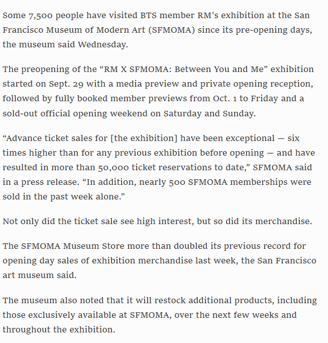KNJsSource's tweet photo. According to SFMOMA, #RMxSFMOMA has drawn 7,500 visitors, with over 50,000 ticket reservations (six times higher than for any previous exhibition before opening), and record-breaking merch sales. 

“RM X SFMOMA: Between You and Me” runs through Feb. 7 next year.

https://t.co/PKl9IDHzkM