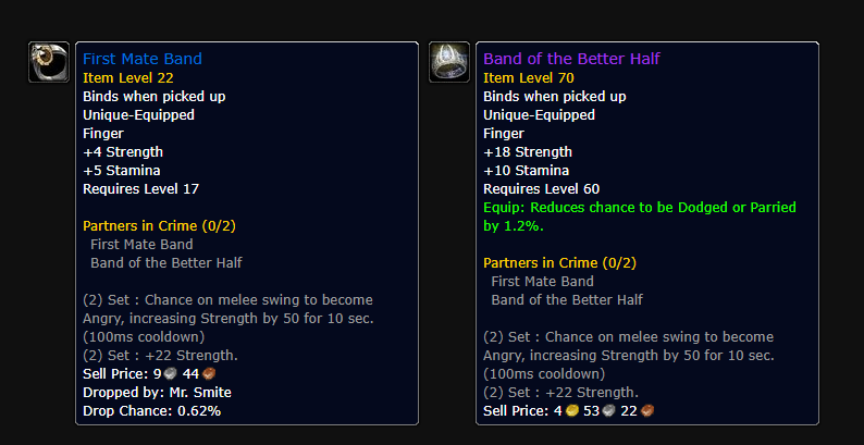 mikeyshinesTV's tweet photo. have you guys EVER seen a set like this before?

one ring drops in deadmines at level 17, while the other piece requires level 60.

I wonder if it will be worth holding onto the first ring for 40+ levels, and what the use case is besides it being cool af. https://t.co/U1B4jSkvCl