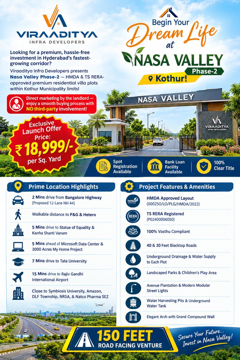 ChariRealty's tweet photo. Rajeshwar Chari  7032832581
🌐 Website:  https://t.co/43EWubWfB8
#NasaValley #ViraadityaInfra #HMDAApproved  #PlotInvestment #BangaloreHighway #viraadityainfradevelopers #viraadityagroup #viraadityadevelopers #viraadityarajesh viraadityachari #vainfra #charirealtygroup https://t.co/YSCsarT7Ck