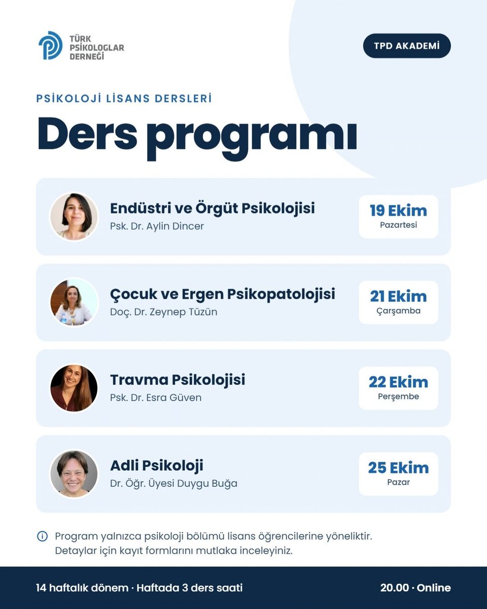 TPDBilgi's tweet photo. Türkiye’deki psikoloji lisans eğitimlerinde eğitim kalitesinin geliştirilmesi ve belirli ölçütler doğrultusunda standardizasyonun desteklenmesi amacıyla planlanan bu program; özellikle farklı şehirlerde ve taşrada eğitim gören psikoloji öğrencilerinin ve yeni mezunların ilgi alanları doğrultusunda nitelikli ders içeriklerine erişimini artırmayı hedeflemektedir.

Program kapsamında, belirlenen derslerin bir lisans programındaki ders yapısına denk olacak şekilde 14 hafta boyunca, düzenli ve kapsamlı bir müfredat doğrultusunda yürütülmesi planlanmaktadır. Böylece öğrencilerin kendi üniversitelerinde erişemedikleri uzmanlık alanlarına ilişkin akademik içeriklere ulaşmaları, farklı uzmanlardan öğrenme fırsatı elde etmeleri ve mesleki gelişimlerini desteklemeleri amaçlanmaktadır.

Her ders için 60 kişilik kontenjan oluşturulacaktır. Öğrenciler, ilgi alanları ve ihtiyaçları doğrultusunda yalnızca tercih ettikleri tek bir derse kayıt olabilecekleri gibi, program kapsamında açılan tüm derslere birlikte kayıt yaptırma seçeneğine de sahip olacaktır.

Her bir dersin 14 haftalık program ücreti 5.000 TL olarak belirlenmiştir. Böylece öğrencilerin yalnızca ihtiyaç duydukları ve ilgi alanlarına yönelik dersleri seçerek programa katılabilmeleri mümkün olacaktır.

Başvuru ve detaylar için biodaki linki ziyaret edebilirsiniz.

ÖNEMLİ NOT: Eğitimler lisans düzeyinde akademik içerikle yürütülecek olup üniversitelerin lisans programları kapsamında verilen dersler yerine geçmemekte ve akademik kredi (AKTS) sağlamamaktadır.
https://t.co/cMjmbZeQhs