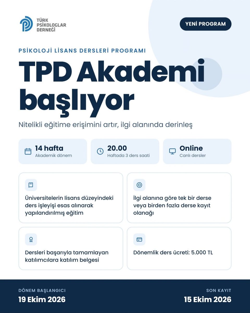 TPDBilgi's tweet photo. Türkiye’deki psikoloji lisans eğitimlerinde eğitim kalitesinin geliştirilmesi ve belirli ölçütler doğrultusunda standardizasyonun desteklenmesi amacıyla planlanan bu program; özellikle farklı şehirlerde ve taşrada eğitim gören psikoloji öğrencilerinin ve yeni mezunların ilgi alanları doğrultusunda nitelikli ders içeriklerine erişimini artırmayı hedeflemektedir.

Program kapsamında, belirlenen derslerin bir lisans programındaki ders yapısına denk olacak şekilde 14 hafta boyunca, düzenli ve kapsamlı bir müfredat doğrultusunda yürütülmesi planlanmaktadır. Böylece öğrencilerin kendi üniversitelerinde erişemedikleri uzmanlık alanlarına ilişkin akademik içeriklere ulaşmaları, farklı uzmanlardan öğrenme fırsatı elde etmeleri ve mesleki gelişimlerini desteklemeleri amaçlanmaktadır.

Her ders için 60 kişilik kontenjan oluşturulacaktır. Öğrenciler, ilgi alanları ve ihtiyaçları doğrultusunda yalnızca tercih ettikleri tek bir derse kayıt olabilecekleri gibi, program kapsamında açılan tüm derslere birlikte kayıt yaptırma seçeneğine de sahip olacaktır.

Her bir dersin 14 haftalık program ücreti 5.000 TL olarak belirlenmiştir. Böylece öğrencilerin yalnızca ihtiyaç duydukları ve ilgi alanlarına yönelik dersleri seçerek programa katılabilmeleri mümkün olacaktır.

Başvuru ve detaylar için biodaki linki ziyaret edebilirsiniz.

ÖNEMLİ NOT: Eğitimler lisans düzeyinde akademik içerikle yürütülecek olup üniversitelerin lisans programları kapsamında verilen dersler yerine geçmemekte ve akademik kredi (AKTS) sağlamamaktadır.
https://t.co/cMjmbZeQhs