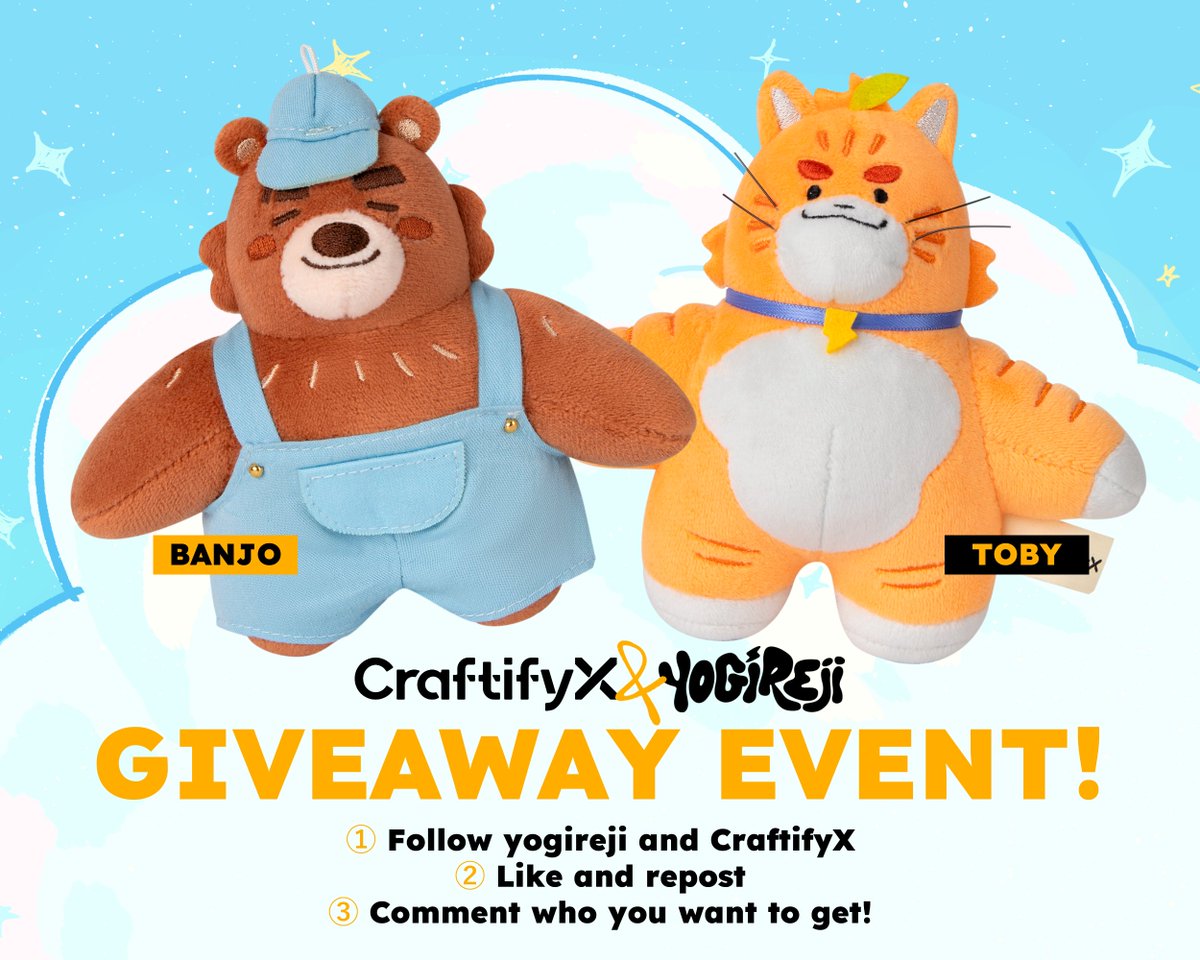 yogireji's tweet photo. 📢 TIME FOR A GIVEAWAY!

① Follow @yogireji and @craftifyxco 
② Like &amp; RT this post
③ Comment who you want to get! (Toby/Banjo)

Two winners will be chosen! One winner will get a Toby plush, and the other will get a Banjo! (Shipping fee not included)

Ends on Oct 11th 💥 https://t.co/1dVaCBe02B