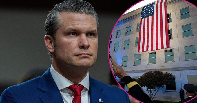 News-style image showing a man in a blue suit and red tie (Pete Hegseth) alongside an inset of a US flag hanging on the Pentagon.