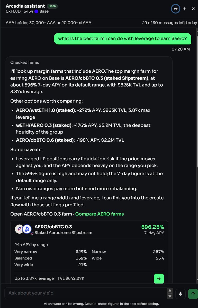 mastermojo83's tweet photo. How I am using the @ArcadiaFi Assistant this morning:

I asked what is the best farm I can do with leverage to earn $aero 

I also selected the "Autobalance + Claim Yield" as I want to stack that $aero

Super smooth; I will update over the coming weeks on how this plays out https://t.co/ggTvrQcBL7