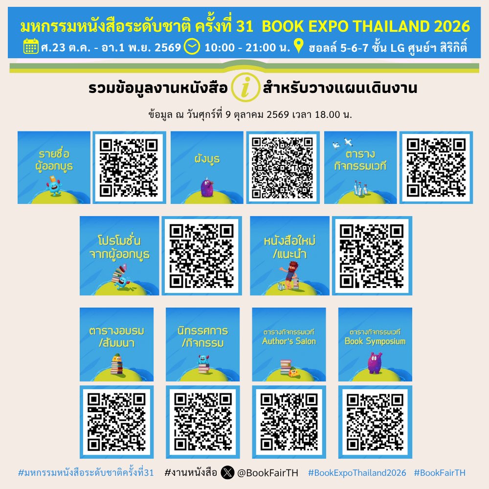 BookFairTH's tweet photo. 🙋‍♀️ข้อมูลมาครบแล้ววววว😍
✅️รายชื่อสำนักพิมพ์
✅️ผังบูธ [โหลดแบบชัดๆ ได้]
✅️กิจกรรมน่าสนใจต่างๆ
✅️รวมโปรโมชัน
✅️หนังสือใหม่&แนะนำ #งานหนังสือ งานใหญ่ปลายปีที่ #ศูนย์ฯสิริกิติ์
📚#มหกรรมหนังสือระดับชาติครั้งที่31
(BOOK EXPO THAILAND 2026)
🗓️23 ตุลาคม - 1 พฤศจิกายน 2569
⏰10.00 – 21.00 น.
*วันแรก*[ศุกร์23ตุลา69]⏰เปิด 10.00 น.
📍ณ ฮอลล์ 5-6-7 ชั้น LG
#ศูนย์การประชุมแห่งชาติสิริกิติ์ กรุงเทพฯ
📣เข้างาน✨ฟรี!✨
🚇การเดินทาง : รถไฟฟ้า MRT สายสีน้ำเงิน ลงสถานีศูนย์ฯ สิริกิติ์ ทางออก 3 ผ่านอุโมงค์ทางเชื่อม เดินเข้างานหนังสือได้เลย
.
🔎แบ่งพื้นที่เป็น 6 โซน
(ดูภาพ👇ในผังงานจะแยกสีชัดเจน)
1.โซนหนังสือเด็กและการศึกษา
2.โซนนิยายและวรรณกรรม
3.โซนหนังสือทั่วไป
4.โซนหนังสือเก่า
5.โซนหนังสือการ์ตูนและวัยรุ่น (Book Wonderland)
6.โซน Non-Book และบอร์ดเกม
.
ℹ️ข้อมูลเพื่อการวางแผนเดินงานและการนัดหมาย [👇คลิกลิงค์ตามหัวข้อที่ต้องการ📱หรือสแกนคิวอาร์โค้ดในภาพ]
1️⃣
รายชื่อผู้ออกบูธ
(สำนักพิมพ์-ร้านหนังสือ/ร้านค้า)
https://t.co/2TSsL3cvvZ
*พิมพ์ค้นหาได้
2️⃣
ผังงาน
https://t.co/CevKAnXM2D
*คลิกขยายใหญ่ได้
3️⃣
ตารางกิจกรรมบนเวที🎤เวทีกลาง
https://t.co/cUQekUvcWn
อยู่ใน📍พื้นที่ Hall 7
4️⃣
ตารางกิจกรรมเวที Author’s Salon
🎤เวทีเล็ก
https://t.co/ShZr3YtRTd
อยู่ใน📍พื้นที่ Hall 5 เลขบูธ A02 โซนหนังสือเด็กและการศึกษา
5️⃣
ตารางอบรม / สัมมนา
https://t.co/opV5JFMOks
ห้องสัมมนา(Meeting Room)📍อยู่ชั้น 2
6️⃣
นิทรรศการและกิจกรรม
https://t.co/ABfG4bZA27
อยุ่บริเวณ📍ด้านหน้าฮอลล์ต่างๆ
7️⃣
ตารางกิจกรรม Book Symposium
https://t.co/vz4KTjqa4A
อยู่ชั้น 2 📍ห้องสัมมนา MR 206
8️⃣
หนังสือใหม่ / หนังสือแนะนำ
https://t.co/XK868zsrio
*จากสำนักพิมพ์💥บางส่วนเท่านั้น
9️⃣
โปรโมชันจากสำนักพิมพ์&ผู้ออกงาน
(⚡️บางส่วน)
https://t.co/bpUltXHTBQ
[ข้อมูล ณ วันศุกร์ที่ 9 ตุลาคม 2569 เวลา 18.00 น.]
*หมายเหตุ*
1.ข้อมูลอาจมีการเปลี่ยนแปลงไปตามเหตุปัจจัย โปรดตรวจสอบที่หน้างานกับทางผู้จัดอีกครั้ง
2.ที่งานจะมีข้อมูลเหล่านี้อยู่ใน 
🗺️"แผ่นพับชมงาน" (แบบกระดาษ)
📍ที่จุดประชาสัมพันธ์ และ
📍จุดรับฝากของด้านหน้าฮอลล์
และบนบอร์ดขนาดใหญ่ด้านหน้าฮอลล์
#งานหนังสือ #งานหนังสือ2569 #มหกรรมหนังสือระดับชาติครั้งที่31 #ศูนย์ฯสิริกิติ์ #ศูนย์การประชุมแห่งชาติสิริกิติ์ #BookExpoThailand2026 #QSNCC #BookFairTH