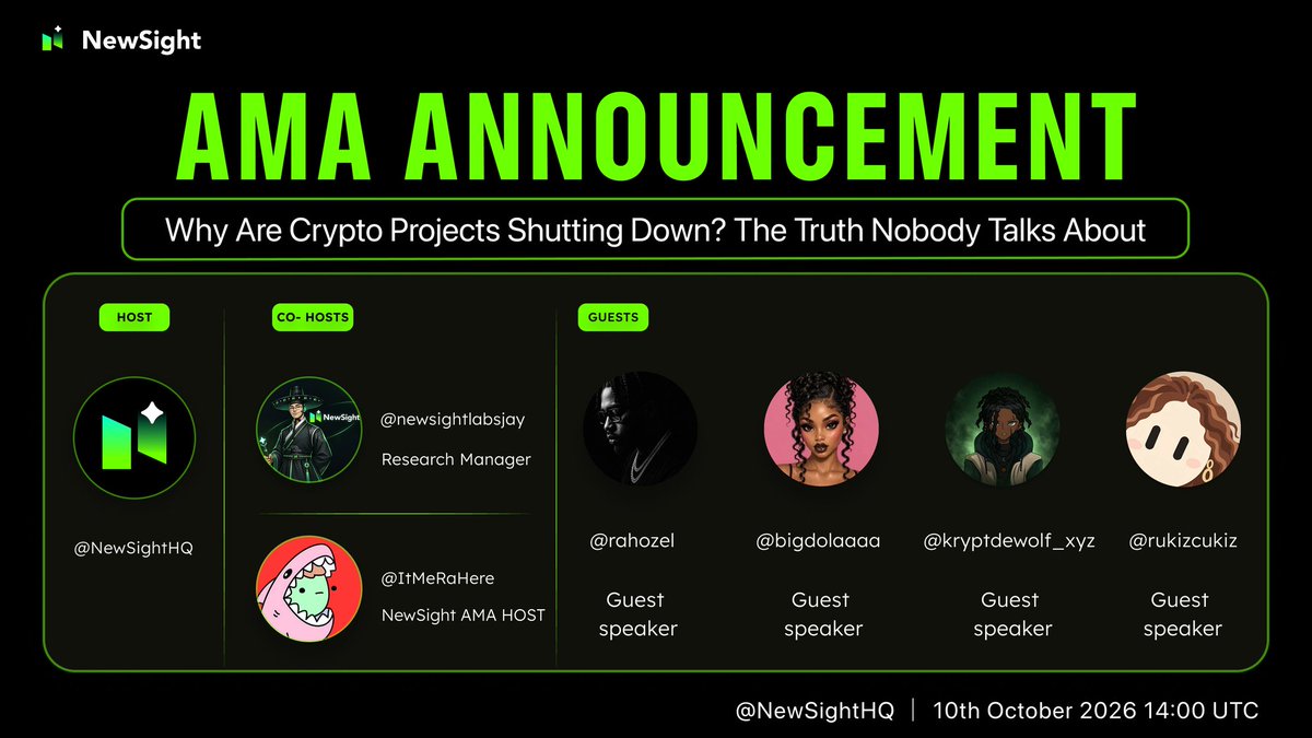 NewSightHQ's tweet photo. 🚨 Why Are Crypto Projects Shutting Down? The Truth Nobody Talks About 🎙️

Millions raised. Tokens launched. Communities built. And still, projects go dark.

We're sitting down with voices from across the space to talk about what actually goes wrong, and who's left holding the bag when it does.

🗓 10 October 2026 | 14:00 UTC
📍 Live on @NewSightHQ 

Co-Hosts: @ItMeRaHere, @newsightlabsjay 

Guest Speakers: @rahozel, @bigdolaaaa, @kryptdewolf_xyz, @rukizcukiz

Rewards: 5 winners share 10,000 NewSight Points

How to enter
- Follow @NewSightHQ
- Quote this post and tag 3 friends
- Drop a screenshot of your quote in the comments

Set your reminder 🔔