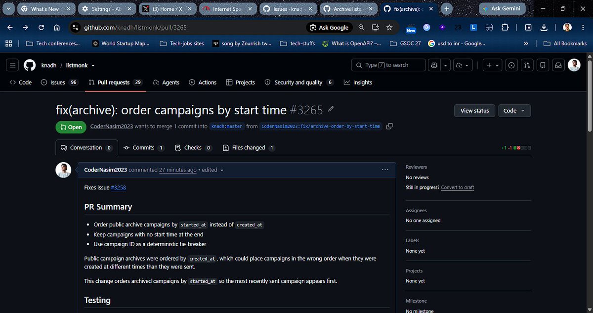 ItsNasim254's tweet photo. Just  completed  my Fisrt PR  on listmonk @Zerodha 
  about solving   Public campaign archives were ordered by created_at, which could place campaigns in the wrong order when they were created at different times than they were sent.

This change orders archived campaigns by started_at so the most recently sent campaign appears first. 
https://t.co/cKa2SwWNCA