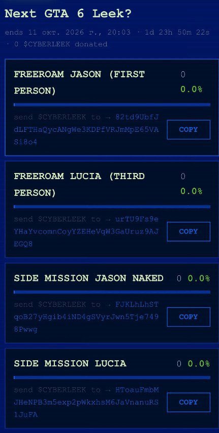 GTA6VicePulse's tweet photo. 🚨CYBERLEEK IS BACK WITH ANOTHER GTA 6 POLL

Which leak would you want to see the most?👀

• Free roam as Jason in first person
• Free roam as Lucia in third person
• A side mission as naked Jason
• A side mission as Lucia https://t.co/EHF3OhdeXB