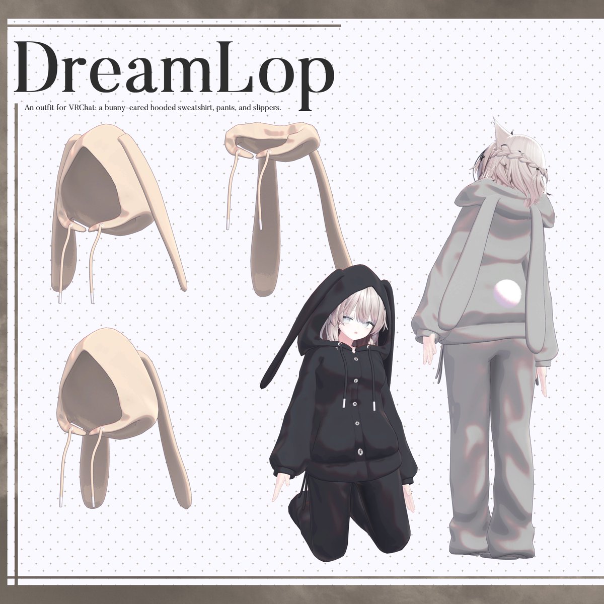 The_Rhodanthe's tweet photo. 🐰VRChat用衣装・うさみみフードのパジャマを公開したよ～～！！🐰

⭐無料だよ⭐！！

もとは私がblenderのスカルプトの練習のために作った衣装でせっかく作ったし～ってことで無料配布です～

フード被った版・被ってない版の２種～
良かったら使ってみてね～
#VRChat

https://t.co/ooO8C8QOJb https://t.co/qACzJyQPbq