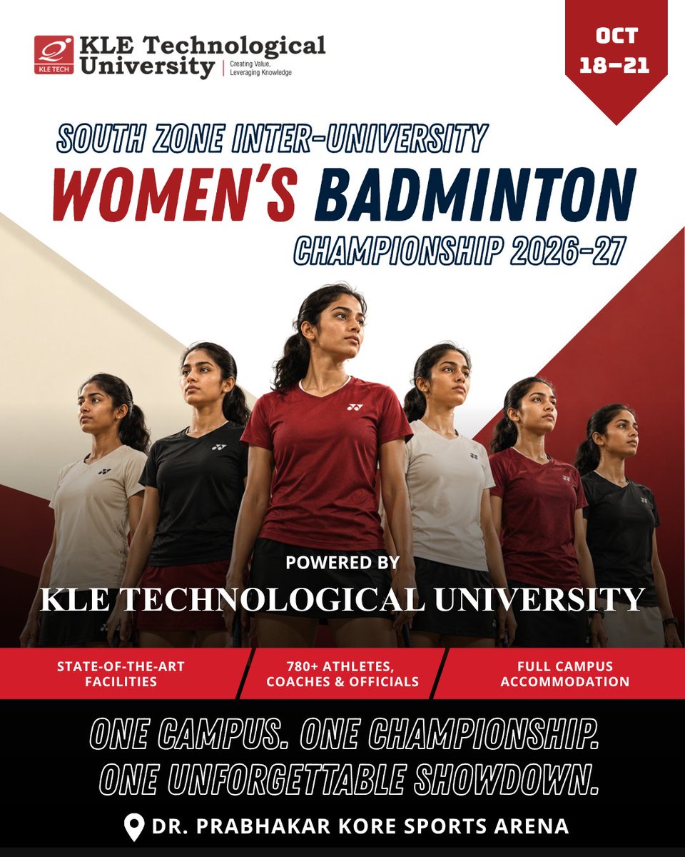 KLETechbvb's tweet photo. ONE COURT. ONE CROWN. NO HOLDING BACK.
500+ athletes representing 100+ universities are ready to clash for ultimate glory at KLE Tech!
 Oct 18–21, 2026   
📍Dr. Prabhakar Kore Sports Arena   
#KLETech #NoHoldingBack #WomensBadminton #Hubballi https://t.co/93EIJqP5Go