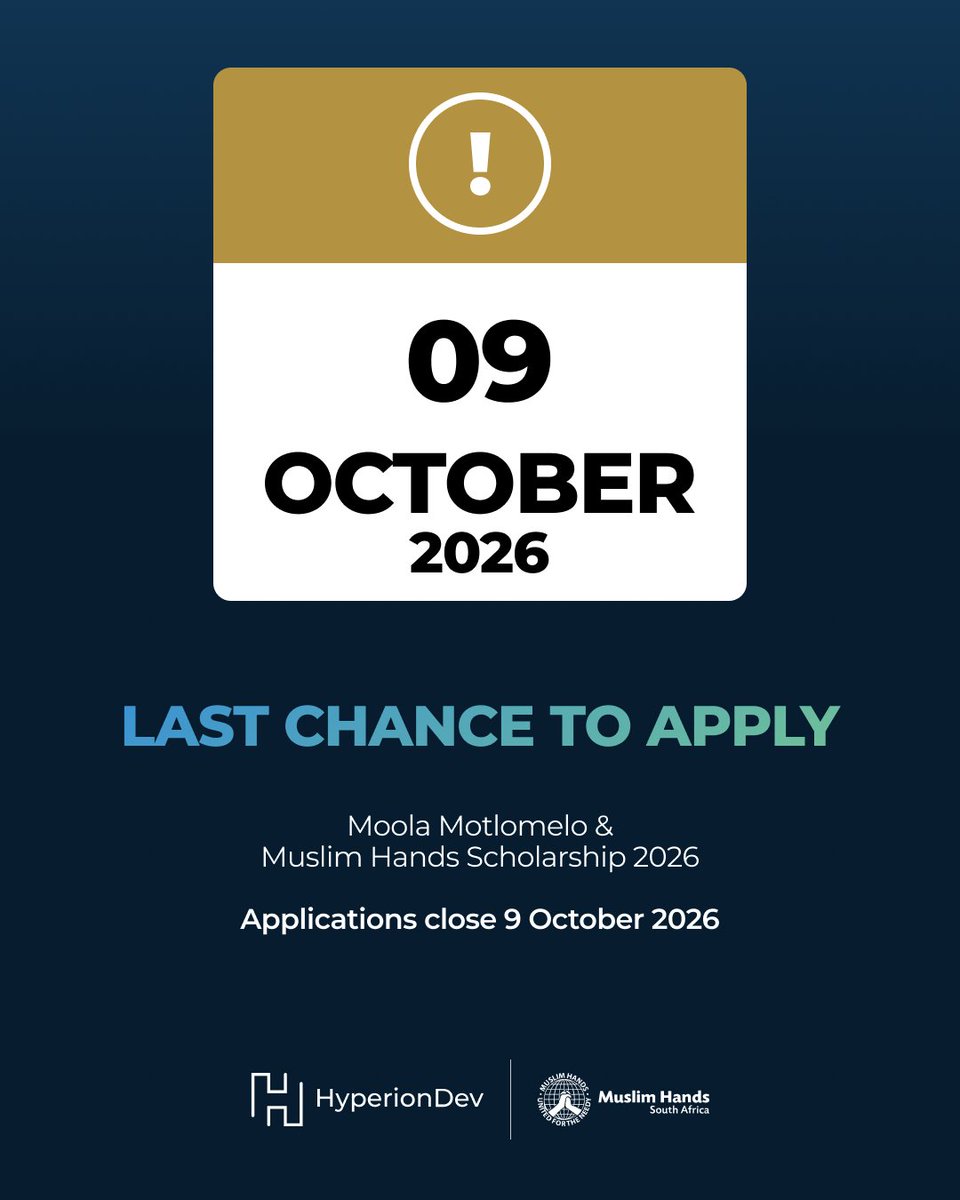 HypDev's tweet photo. Don't miss the deadline.

Applications for the Moola Motlomelo &amp; Muslim Hands Scholarship 2026 close on 9 October 2026.

Applications are open from 21 September to 9 October 2026.

Apply now: https://t.co/dNdI4Rkwlt 

@MuslimHandsSA 

#HyperionDev #Scholarship2026 https://t.co/gLaLgWGZVR