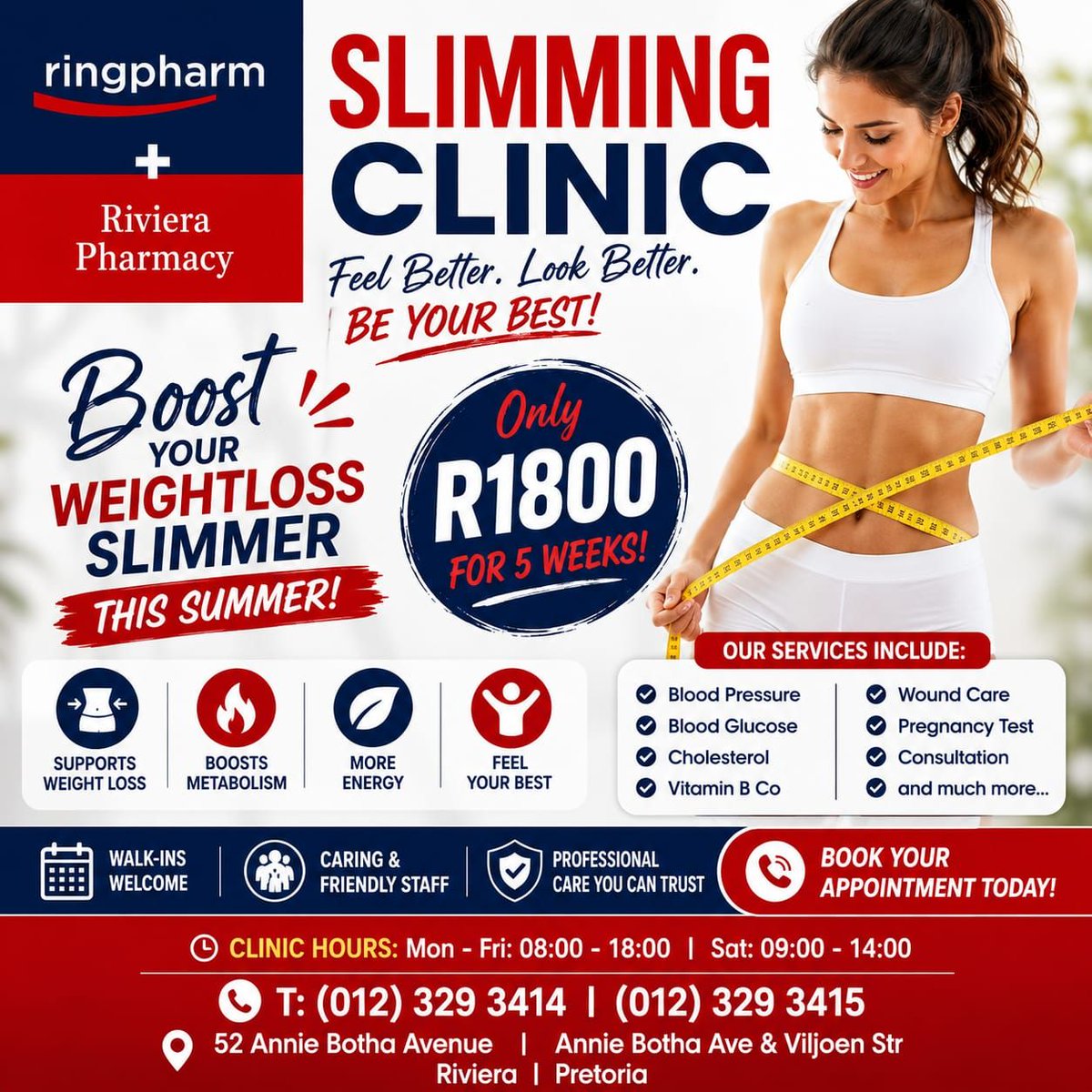 allin1ads's tweet photo. Boost your weight loss this summer! 
Join our 5-week Slimming Clinic program for only R1800 and take the first step towards a healthier, more confident you. Book your consultation today!
https://t.co/NMMpoMcQaa
#WeightLossJourney #SlimmingClinic #HealthyLifestyle#RivieraPharmacy https://t.co/b1hm6Ar1TK