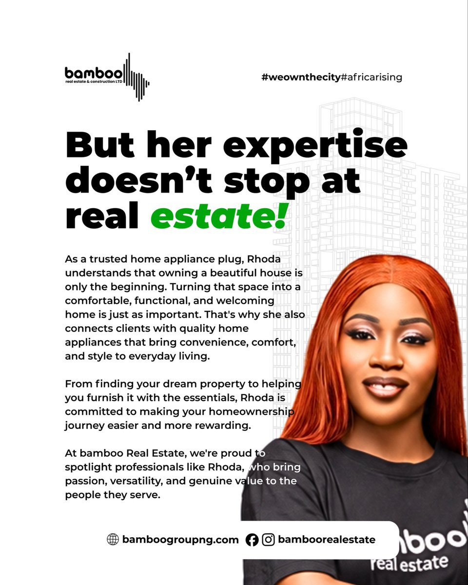 bamboogroup_'s tweet photo. Let this be your reminder: you don't have to remain limited to what you already know. 

Meet Rhoda Nwiakere, a bamboo Realtor and Sales Consultant whose expertise goes beyond property sales into home appliances. https://t.co/2zpyHpCmKX