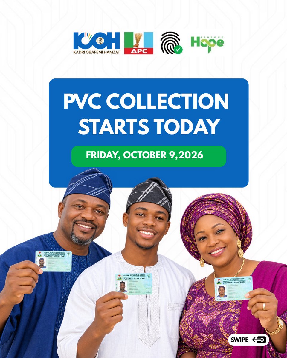 Kohtinuity2026's tweet photo. As PVC collection starts today, Eligible voters are encouraged to visit their designated collection centres to collect their Permanent Voter’s Cards (PVCs).

Let’s come out and vote for KADRI OBAFEMI HAMZAT!

THE POWER OF YOUR VOICE IS IN YOUR PVC. GET IT NOW!

#KOHTinuity27
#RoadToKOHtinuity
#KOHMovement