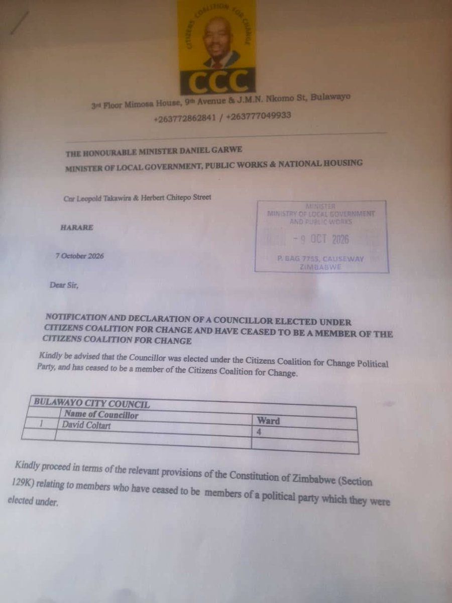 zimlive's tweet photo. The court-recognised Citizens Coalition for Change interim secretary general Sengezo Tshabangu says letters sent to parliament purportedly recalling three lawmakers, and another sent to the local government minister announcing the recall of Bulawayo mayor David Coltart did not originate from the party. His chief whip Nonhlanhla Mlotshwa also dismissed them as “fake.”