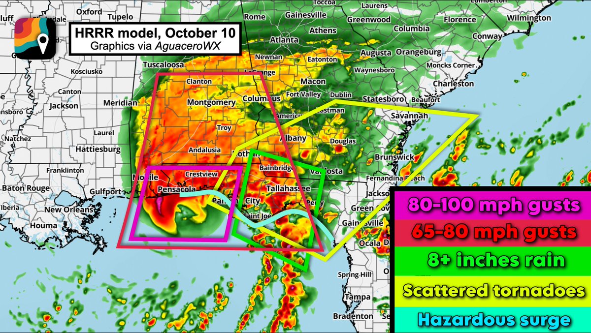 MyRadarWX's tweet photo. ISAIAS ON FINAL APPROACH: Alrighty gang... this is the final call on what to expect hazards-wise. The hazards overlap. Find yourself on the map, and then see which box(es) you're in.

PINK: The eyewall will affect you. Winds. gusting 80 to 100 mph, commensurate with Category 2 impacts. Power outages likely. Tree damage possible to hardwoods; palms should be mostly alright. Loose outdoor objects are tossed around. Scattered to numerous power outages. (In Pensacola, there could be a secondary burst of winds on the back side of the system out of the west-northwest... perhaps stronger than the initial side of the eye. As dry air sneaks into the circulation and erodes part of the eyewall, a "stinger" could form. While not technically a sting jet, somewhat similar processes could help make a nasty backlash of wind.) 

RED: Winds gusting 56 to 80 mph. Some of that is on the east side of the eyewall but outside the eyewall itself. The rest, especially in Alabama as far north as Montgomery and south of Birmingham, is from the remnant eyewall. Scattered power outages likely, and tree damage is probabkle.

GREEN: This is where rainfall could overachieve, but uncertainty abounds. Confidence is high in widespread 6 to 10 inch totals, but a narrow strip of a LOT more is possible IF the feeder band swirls over the same areas for long enough. In that case, downpours would train, or move repeatedly over the same areas.

BLUE: Surge. A hazardous storm surge is likely on the right side of the system, with a broad 3 to 7 feet of inundation. If you live on the immediate coastline within 7 feet of sea level, move up or inland. 

YELLOW: Scattered tornadoes are likely either Friday afternoon/evening or Saturday. Downpours in Isaias's feeder bands will tap into shear, or changing winds with height, associated with the overall circulation. That means some of the cells will rotate and could produce tornadoes. An isolated significant (EF2+) tornado can't be ruled out.