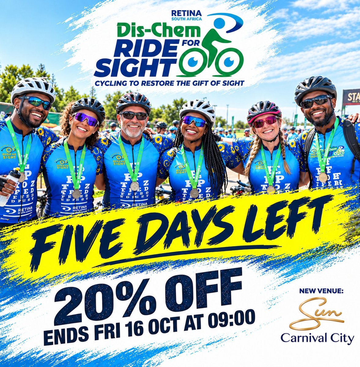 RideforSightRSA's tweet photo. Five days left at early-bird price.
20% off. 50% still for children and students.
Enter at 🔗 https://t.co/1Ms1Me5gcx
#SAsMostWelcomingRace #DisChemRideForSight #RideForSight #EarlyBird #RetinaSA #Cyclingforacause #Dischempharmacies #ds24 #EnsureGold https://t.co/84lD1AXY45