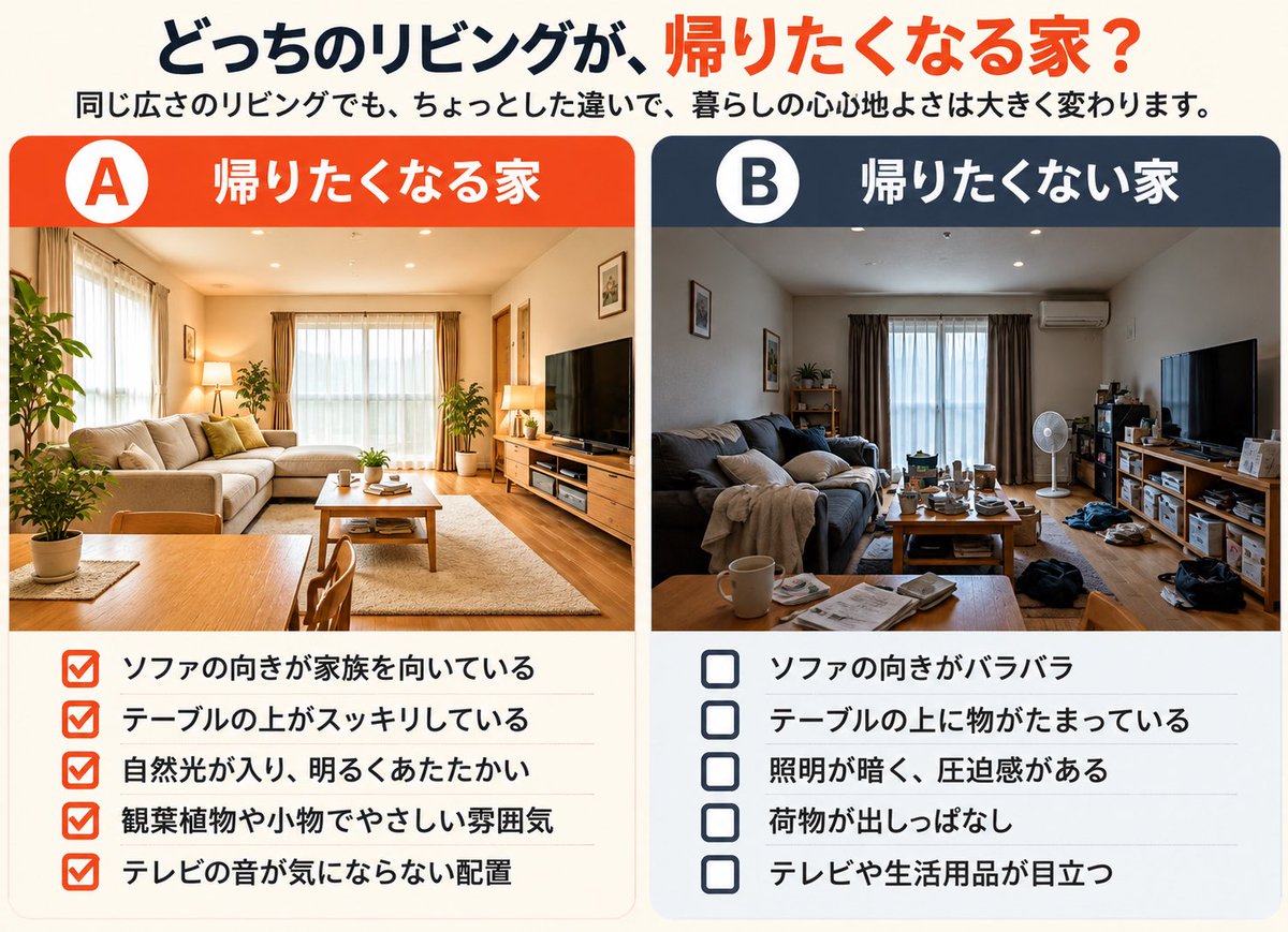 yoshi_ota_'s tweet photo. \帰りたくなる家と帰りたくない家/

同じ広さ、同じ間取りなのに
なぜか居心地がまったく違う！？

実は、家具の配置や照明ちょっとした工夫で家の居心地は天と地

家は、ただ住むための場所ではなく
心と体を休める大切な場所

高級な家具も、大きな家も必要ありません。
早く家に帰りたい！

そう思えることも家の大切な価値
あなたの家は、AとBどちらですか？