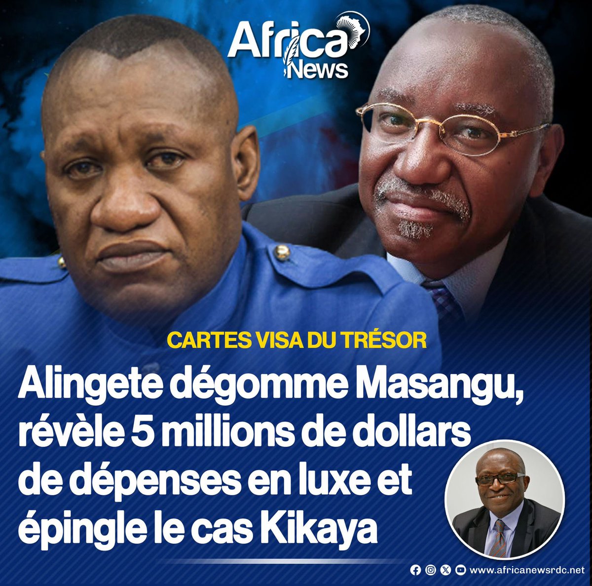 AfricanewsJ's tweet photo. #RDC Cartes VISA du Trésor: Alingete dégomme Masangu, révèle 5 millions de dollars de dépenses en luxe et épingle le cas Kikaya | 

L’ancien Inspecteur Général des Finances – Chef de service de l’IGF, Jules Alingete Key, a réagi aux déclarations de l’ancien Gouverneur de la Banque Centrale du Congo, Jean-Claude Masangu, au sujet des cartes VISA adossées au Compte Général du Trésor, révélées par l’#IGF en 2022.

Celui qui avait diligenté l’audit de la BCC pour la période 2010-2020 s’interroge:

«À quel titre officiel les épouses et les maîtresses du Gouverneur et du Vice-Gouverneur, en fonction au moment de l’audit, détenaient-elles elles aussi ces cartes VISA ?»

Jules Alingete rappelle que l’IGF avait relevé des retraits en espèces dans des distributeurs automatiques à Kinshasa, ainsi que des achats effectués dans des supermarchés de la capitale et dans des maisons de luxe en Europe – Weston, Louis Vuitton, entre autres.

Il souligne que certains détenteurs ont utilisé des montants astronomiques, dépassant les 5 millions de dollars américains en cinq ans.

«S’agissait-il toujours de frais de mission ?», interroge-t-il.

L’ancien patron de l’IGF relève également que certaines utilisations dépassaient les 100 000 dollars par mois. «S’agit-il encore de frais de mission ?»

Enfin, il fait observer que, durant la même période, les détenteurs bénéficiaient, en parallèle, de frais de mission payés par le Trésor public via des comptables publics.

Dernier élément relevé: plus de 50 cartes VISA étaient encore opérationnelles en 2021 et détenues par des anciens collaborateurs du Président sortant bien que n’étant plus en fonction depuis janvier 2019. C’était le cas, par exemple, de Kikaya Bin Karubi.