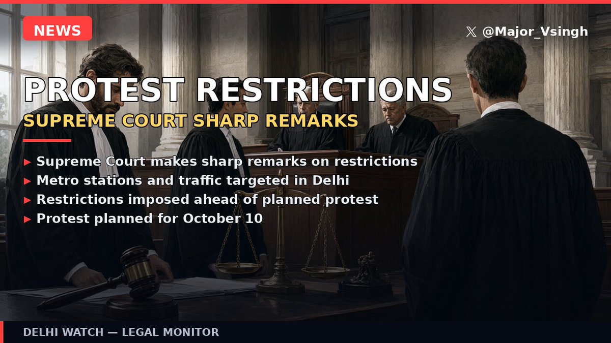 Major_Vsingh's tweet photo. 🚨 NEWS: PROTEST RESTRICTIONS — Supreme Court makes sharp remarks on restrictions. Metro stations and traffic targeted in Delhi. Restrictions imposed ahead of planned protest. Protest planned for October 10. #SupremeCourt #DelhiProtest #DelhiMetro #TrafficRestrictions… #India https://t.co/vXigATBgLd
