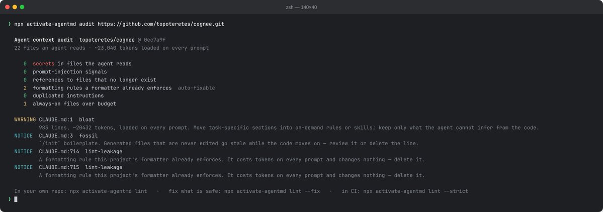 agent_dot_md's tweet photo. Your AI agent reads CLAUDE.md before every task.

I ran one command on @cognee_ 's repo:

→ 22 files their agents read
→ ~20k tokens loaded every session
→ 2 rules ruff already enforces

0 secrets. 0 injections.

Sent them a 2-line fix 👇

How many tokens does yours load? https://t.co/M0sRXmXmGT