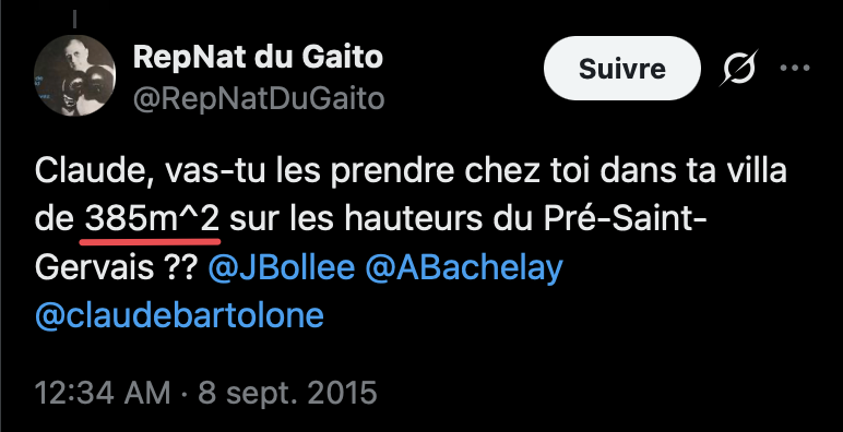tristanmf's tweet photo. Je viens de trouver quelque chose de troublant. Le 8/9/2015, le compte RepNatDuGaito (que Bardella nie avoir tenu) écrit "385m^2" pour la "villa" de Bartolone. 6 jours plus tard, J_Bardella écrit "385 m^2". Même sujet, même graphie peu commune. https://t.co/8E6D6Rh65V