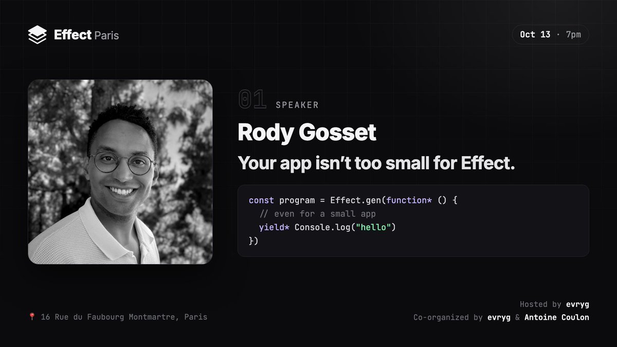 c9antoine's tweet photo. Back to @EffectTS_ community work in Paris next Tuesday with the 7th edition! The edition will probably be the first one ever recorded in Paris thanks to Inato folks 🔥🎥

Rendez-vous 7pm at @EvrygDotCom, 4 great speakers, 4 great talks ahead!

Registration link in comment 👇 https://t.co/Z6Sn6UtiiE