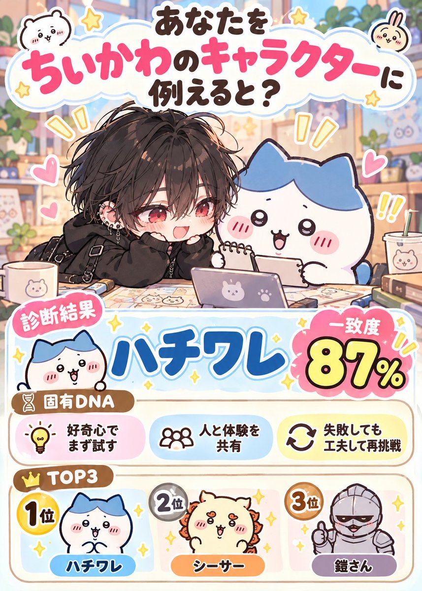 zibun_kaizouken's tweet photo. 自分をちいかわのキャラに例えたら誰なんだろ？って思って作ってみた🐾

ちいかわ、ハチワレ、うさぎ、シーサー、モモンガとか16キャラからAIが判定してくれます！

しかも最後は自分をちいかわ世界っぽくした画像まで作ってくれるദ്ദി˶ｰ̀֊ｰ́ )

私はハチワレ！何とかなれ～ってしてるからかなw
ちなみに推しはあのことデカワレ！デカくてかわよい！꜀𐔌ᵔ꜆ ܸ•⩊•ᵔ 𐦯꜆

診断はリプへ👇

#ChatGPT #AI診断 #ちいかわ #ジブン解像研