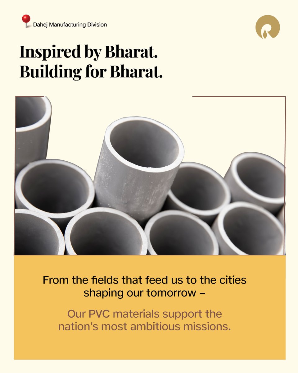 RIL_Updates's tweet photo. From clean water networks to smart cities, DMD’s PVC materials are helping build the foundations of India’s
progress. At DMD, industrial excellence translates into national impact—supporting farms, homes, and the cities of tomorrow.

Every strong economy stands on solid industrial roots, and with DMD, those roots run deep. By powering essential infrastructure and supporting key national missions, DMD’s PVC products continue to play a vital role in shaping India’s development story.

#RelianceIndustriesLimited #BuildingBharat #RelianceSites #Petrochemical #Dahej #Petrochemicals #Innovation
