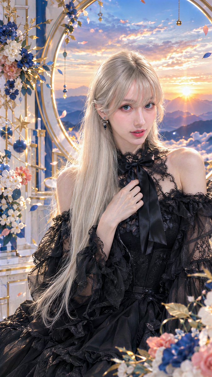 AndyLau42's tweet photo. Load 4K: Romantic gothic black lace dress, hand on her satin ribbon bow, a round window opening onto a golden mountain sunset framed by white, blue and coral flowers.

Prompt:
Ultra-realistic 9:16 live-action photograph of a clearly adult woman in her mid-20s in an elegant black romantic-gothic dress: fitted black bodice, high delicate lace neckline, large black satin ribbon bow at the upper chest, off-shoulder construction framed by black lace, voluminous translucent ruffled lace sleeves, flowing layered black skirt with lace edging, delicate dark jewelry and small earrings. Close three-quarter portrait toward the right of the frame, face angled gently upward, looking at the camera with a soft dreamy expression, right hand lightly touching the ribbon at her collar, long hair flowing over both shoulders diagonally to the lower left. Behind her, a bright white architectural set with gold geometric lines and a large circular window opening onto a golden sunset over layered blue mountains and luminous clouds, framed by white, deep-blue, and coral-pink flowers with floating petals and gold star ornaments. Warm sunset backlight on her hair and shoulders, soft reflected light on her face, rich deep black lace and satin, natural skin texture, real depth of field, subtle film grain. No anime, no CGI, no plastic skin, no extra limbs.