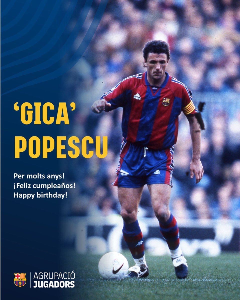 FCBjugadors's tweet photo. 🎂 Avui celebrem l’aniversari de Gheorghe Popescu!

🔵🔴 El defensa romanès va vestir la samarreta del Barça entre 1995 i 1997, deixant empremta per la seva personalitat, jerarquia i qualitat en la sortida de pilota.

#FCBarcelona #BarçaLegends #Popescu #SeguimEnJoc #MésQueUnClub https://t.co/nH9zGKiqGP