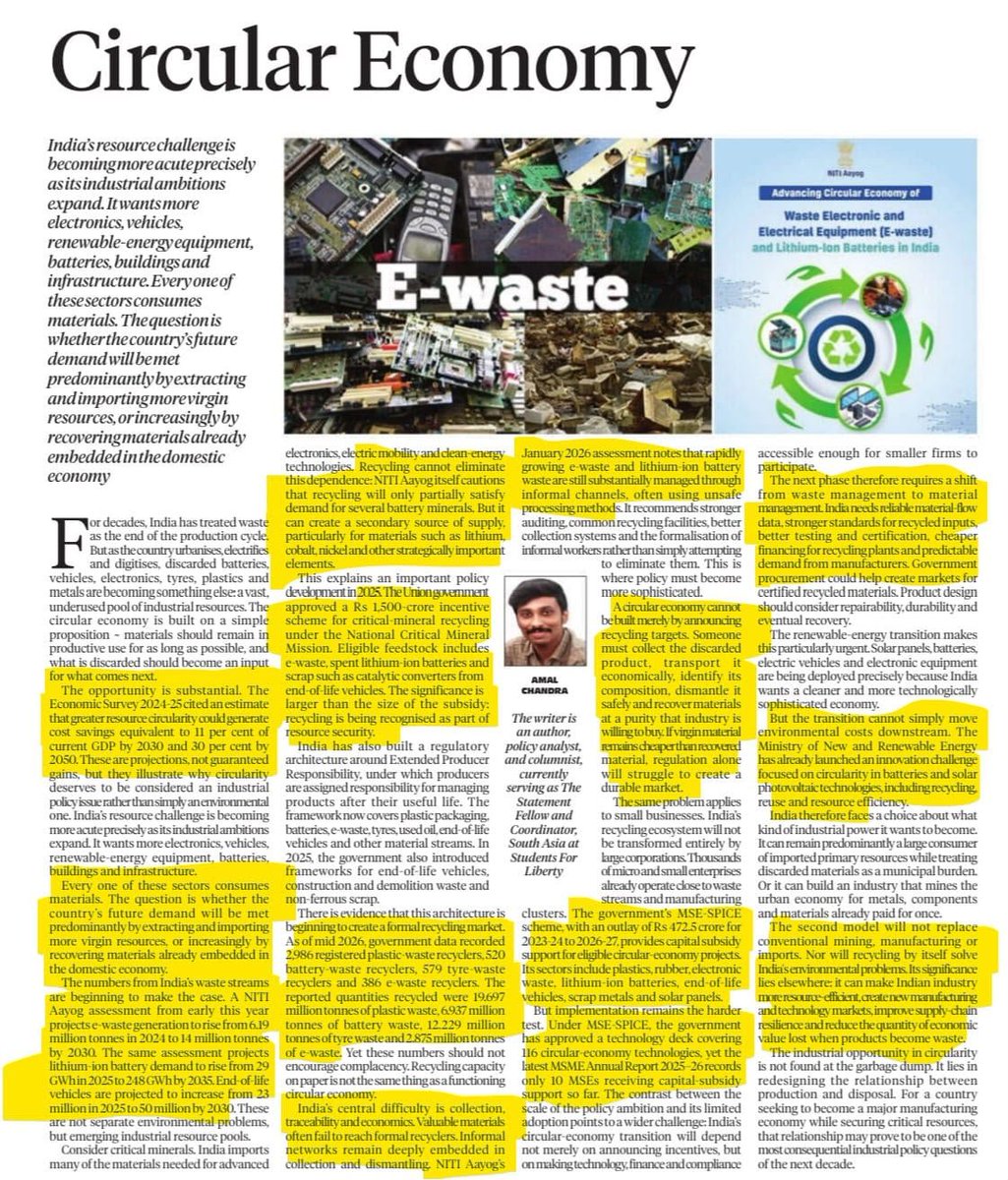 SleepyClasses's tweet photo. India is moving away from linear extraction towards a circular economy to unlock massive Gross Domestic Product (GDP) savings.

With e-waste and lithium-ion demand surging

Here are the hurdles and solutions:

​𝗖𝗼𝗿𝗲 𝗦𝗵𝗶𝗳𝘁 
Transitioning from linear extraction and imports to a circular economy targeting 11 percent Gross Domestic Product (GDP) cost savings by 2030.

​𝗞𝗲𝘆 𝗗𝗮𝘁𝗮 
E-waste is projected at 14 million tonnes by 2030 with lithium-ion demand scaling to 248 Gigawatt hours (GWh) by 2035.

​𝗕𝗼𝘁𝘁𝗹𝗲𝗻𝗲𝗰𝗸𝘀 
Heavy dependence on unsafe informal networks and virgin materials remaining cheaper than recycled alternatives stifle growth, with weak support for Micro Small and Medium Enterprises (MSMEs).

​𝗜𝗻𝘁𝗲𝗿𝘃𝗲𝗻𝘁𝗶𝗼𝗻𝘀 
Policy pushes include Extended Producer Responsibility (EPR) frameworks and a Rs 1500 crore critical minerals recycling incentive scheme.

​𝗪𝗮𝘆 𝗙𝗼𝗿𝘄𝗮𝗿𝗱 
Shift focus from pure waste management to ecodesign, boost demand via public procurement of recycled goods, and formalize informal recycling networks.