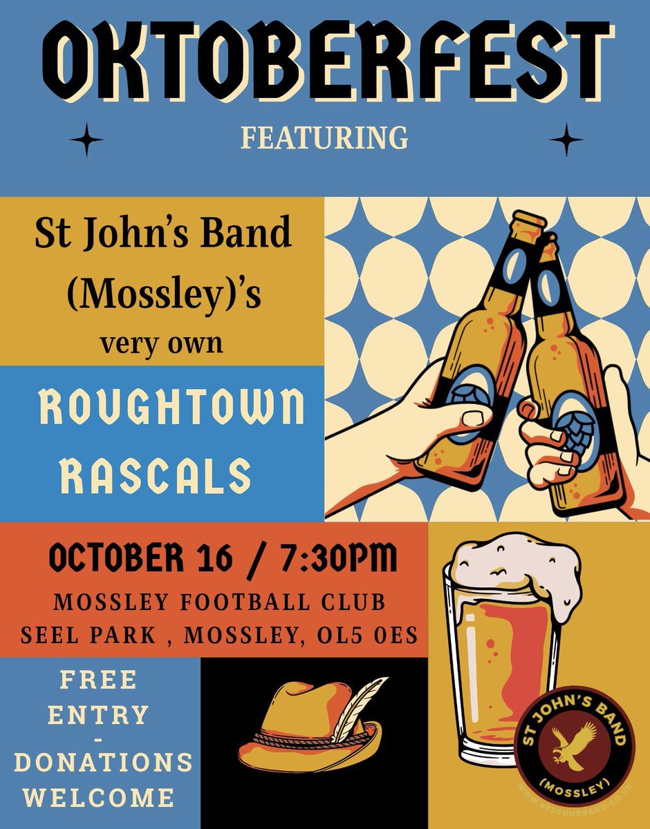 MossleyAFC's tweet photo. 𝗝𝗼𝗶𝗻 𝘂𝘀 𝗳𝗼𝗿 𝗼𝘂𝗿 𝗢𝗸𝘁𝗼𝗯𝗲𝗿𝗳𝗲𝘀𝘁 𝗰𝗲𝗹𝗲𝗯𝗿𝗮𝘁𝗶𝗼𝗻!

🗓️ Friday 16th October 2026
⏰ Doors open 7.00pm
🍻 Bar and snacks
🎺 St John’s Band (Mossley)
🎶 Roughtown Rascals
📍 Mossley AFC, Seel Park, OL5 0ES
🎟️ FREE ENTRY

See you there!

⚪️⚫️ https://t.co/leAinxmwOm