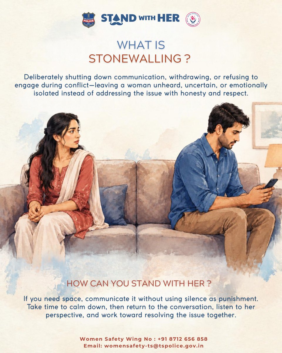 tg_womensafety's tweet photo. Silence should never be used as punishment. Communicate when you need space, listen with empathy, and return ready to resolve the issue with respect.
#StandWithHer #TelanganaPolice
@CharuSinha_IPS @TelanganaCOPs @cyberabadpolice @MalkajgiriCop @CPHydCity https://t.co/ogjoFpWhDe