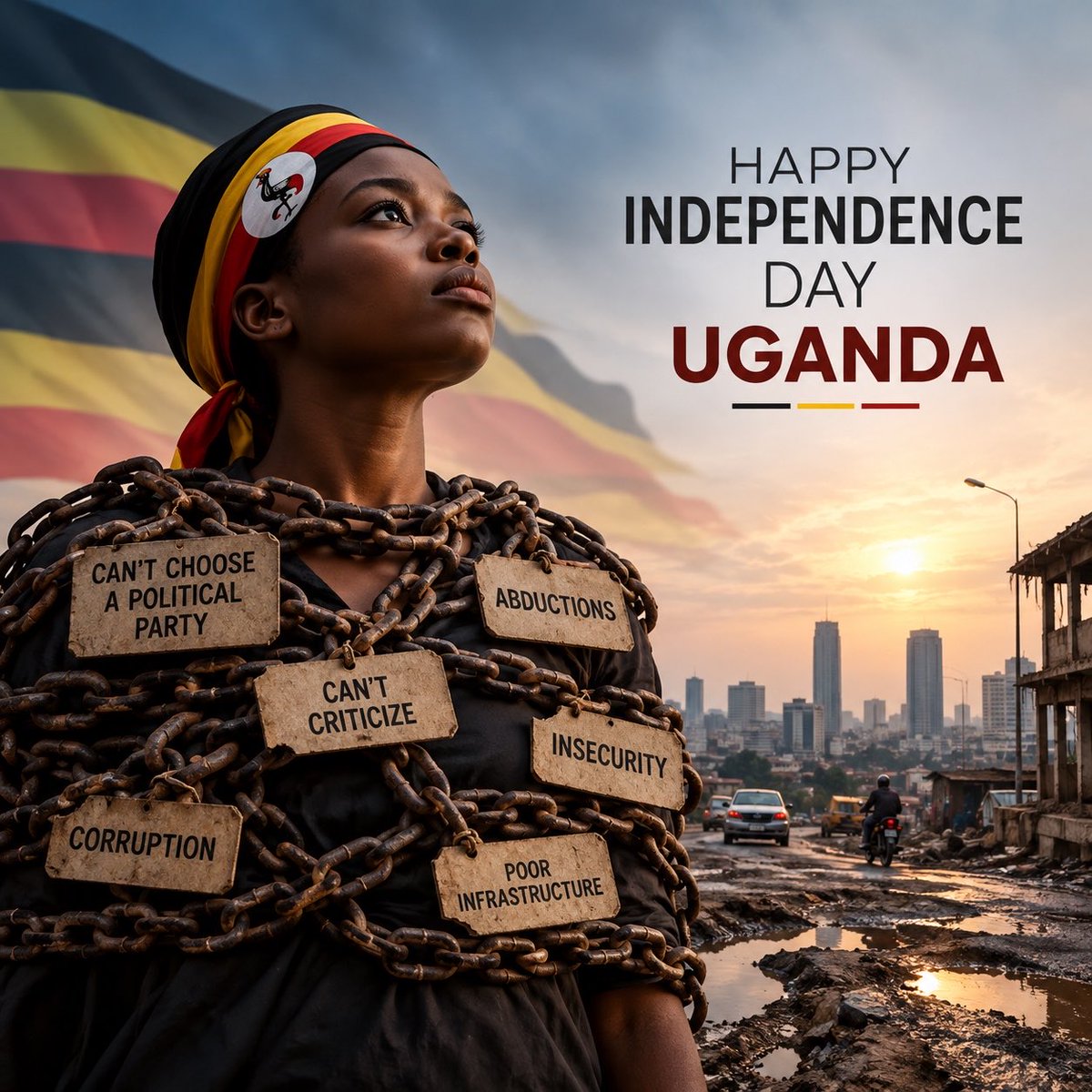 KobusingyeNora's tweet photo. 64 years of independence, yet Ugandans are still fighting for the freedom to speak, associate, criticize those in power and live without fear of abduction.

We may have gained independence from colonial rule, but the struggle for true freedom continues.
#UgandaAt64 #FreePraiseAloikin #FreeAllPoliticalPrisoners @GovUganda
