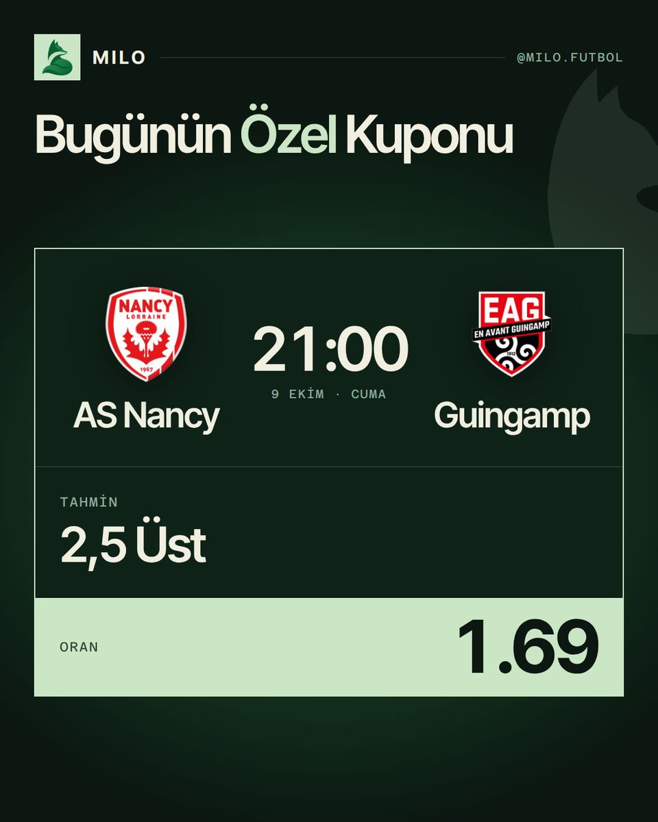 milo_futbol_'s tweet photo. Bugünün özel kuponu Milo’da 🎟️
AS Nancy – Guingamp
2,5 ÜST · 1.69

Link: https://t.co/sAuIPyO7CV

#Milo #MiloApp #Futbol #Kupon #YapayZeka https://t.co/bHvrafjlU5
