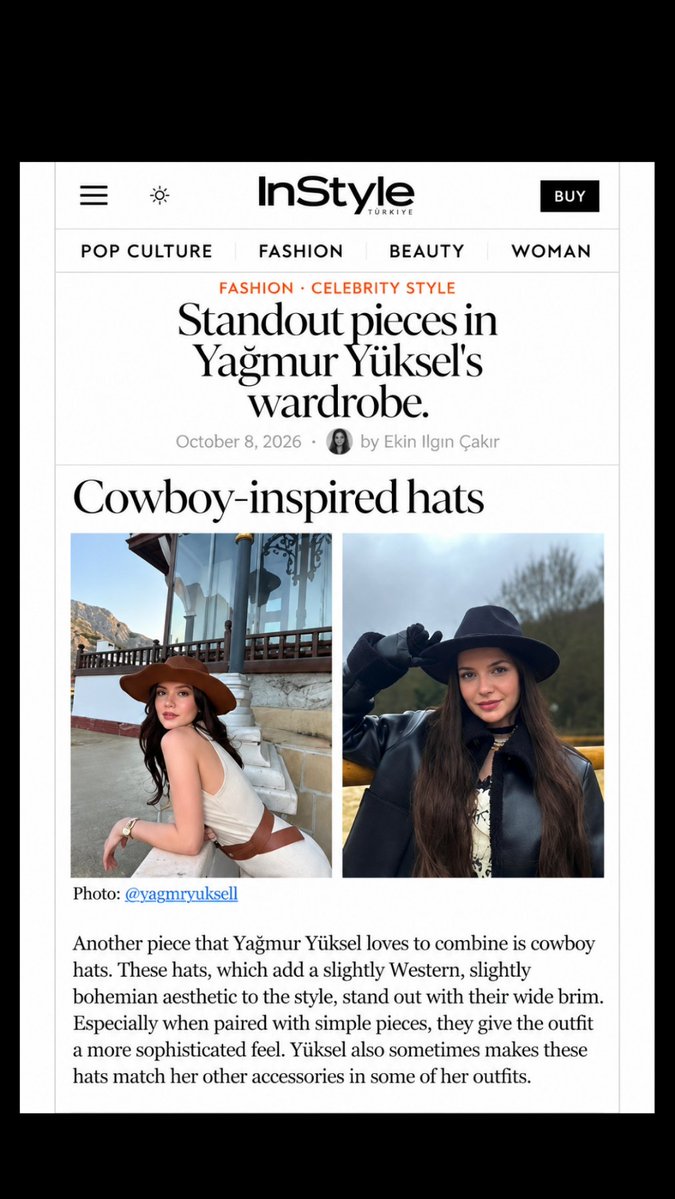 y827161511's tweet photo. ✨ Featured in InStyle Türkiye ✨
🤎 Cowboy-inspired hats 🤠
Yağmur Yüksel effortlessly embraces the Western-inspired charm of cowboy hats, blending bohemian elegance with timeless sophistication. From warm brown tones to classic black, each look reflects her distinctive style, graceful aura, and eye for detail. 🤎🖤✨
👗 Fashion / Celebrity Style ✨
✍️ Article by: Ekin Ilgın Çakır
📅 Published: October 8, 2026
📰 Original Feature: Featured Pieces in Yağmur Yüksel’s Wardrobe 🤍
#YağmurYüksel #InStyleTürkiye #CelebrityStyle #CowboyInspired #FashionEditorial