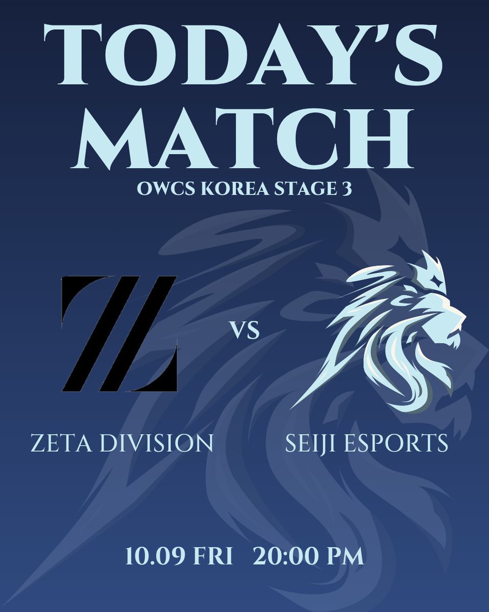 SEJ_ow's tweet photo. [SEIJI | TODAY'S MATCH]
SEIJI Esports의 오늘의 매치업을 안내드립니다.

🆚 ZETA DIVISION
🕗 20:00 KST

많은 응원 부탁드립니다!
#SEIJI #SEIJIesports #OWCS https://t.co/K8HCM1TOqN