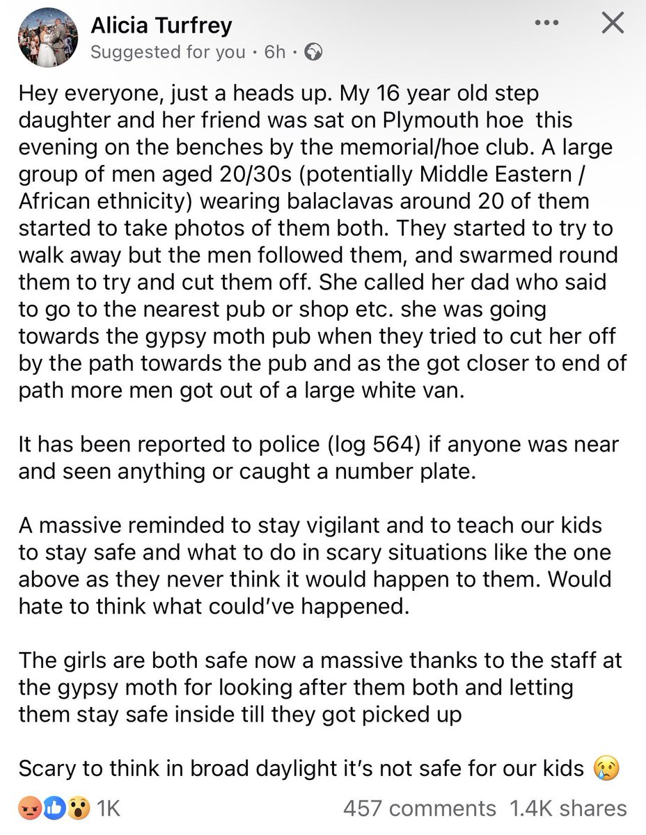 BGatesIsaPyscho's tweet photo. 🚨🇬🇧 Meanwhile in Plymouth, UK

Posted last night on Facebook details the shocking reality that young Girls are now faced with everywhere up &amp; down the UK https://t.co/mjsKWFnzSj